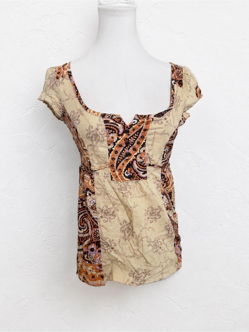 Vintage Y2K Paisley Patchwork Babydoll Top Boho Fairy Grunge Cottagecore XS